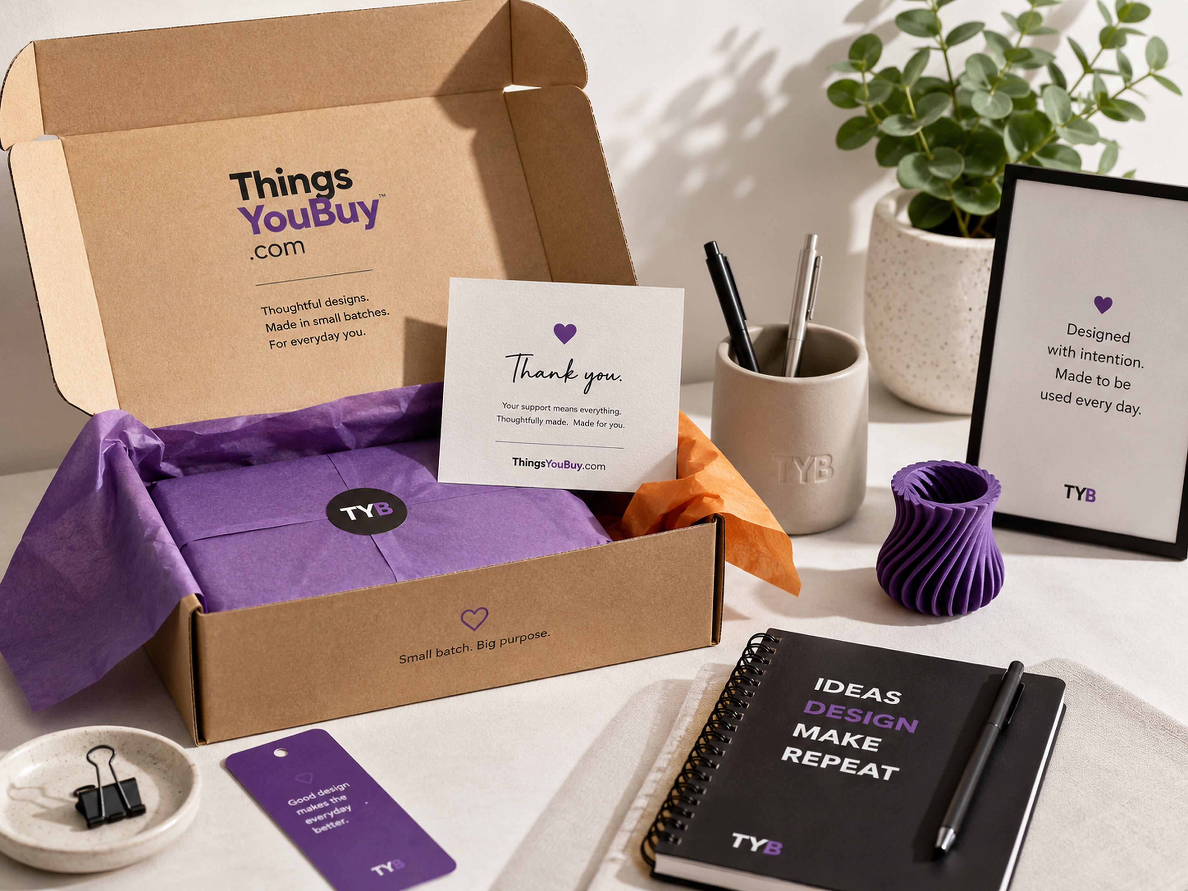 Well-made everyday objects arranged on a desk